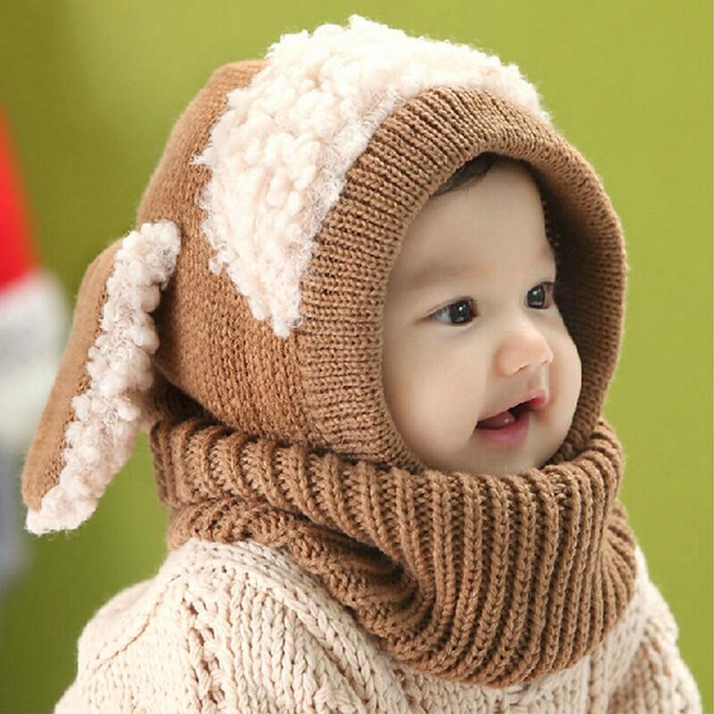 I Love Daddy&Mummy Winter Rabbit Ear Kids Baby Hats Lovely Infant Toddler Girl Boy Beanie Cap Warm Baby Hat+Hooded Knitted Scarf Set Earflap Caps