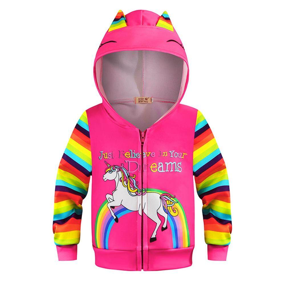 Girls Cartoon Unicorn Jackets Spring Zip Kids Hooded Flamingo