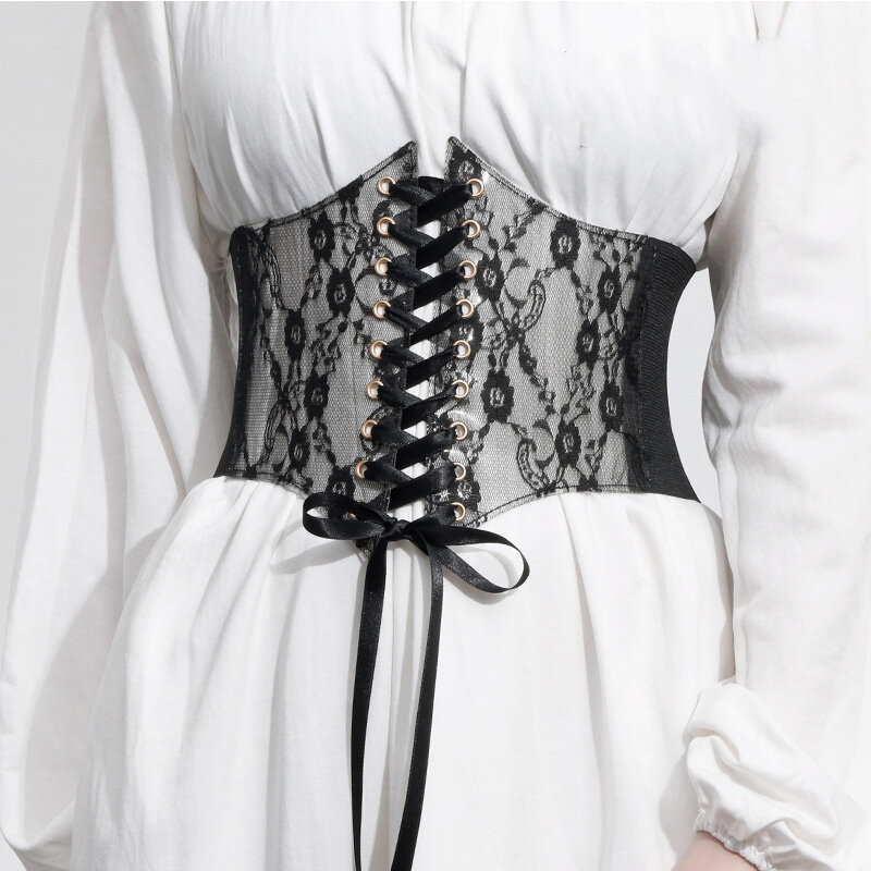 Elastic Stretch Nylon Women Belt Lace Decoration Wide Waist Belts High Waist Slimming Body Ladies Belts
