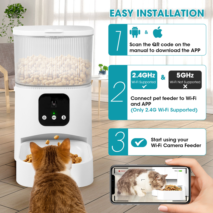 Máy cho mèo ăn tự động với máy ảnh HD, máy cho ăn tự động với ứng dụng điều khiển, cho phép 2.4GHz Wi-Fi, 2 cách âm thanh tương tác, khay thức ăn có thể nhìn thấy, 3.0L