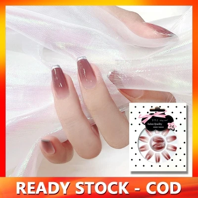 【With Box】24Pcs Fake Nails Full Cover False Nail Crystal Elegant Pink Gradient French Long Nails Ellipse Shape