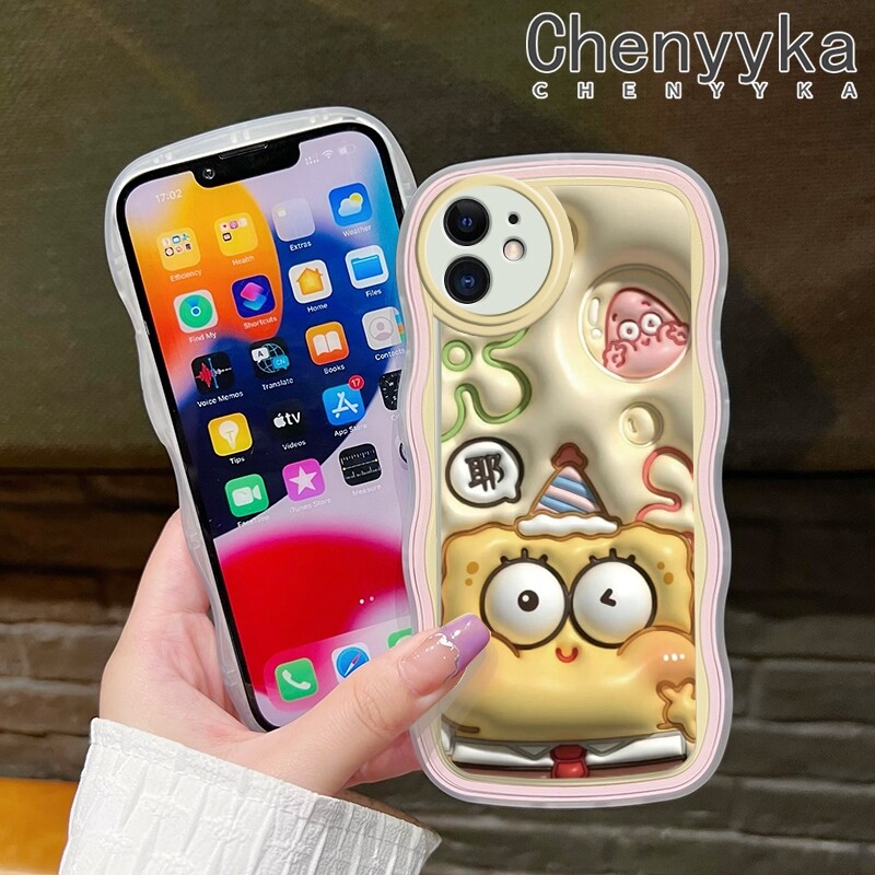chenyyka Casing For iPhone 11 11 Pro 11 Pro Max Case Cartoon 3D SpongeBob Patrick Star Pattern Wave Border Soft Clear Shockproof Phone Cases Creative Camera Transparent Casing Silica Gel Protective Cover