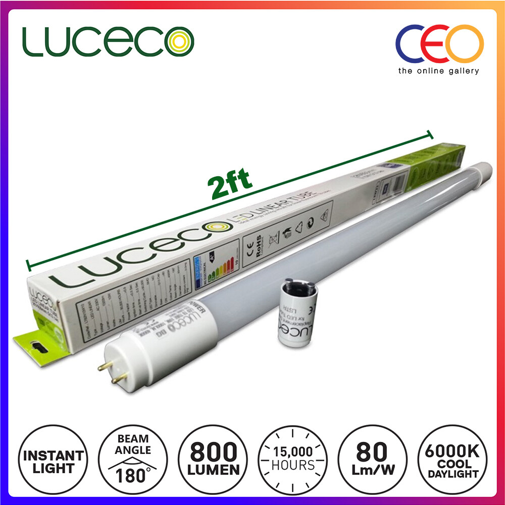 Luceco LED Linear T8 Ceiling Lighting Tube 2ft Glass 6000K Cool ...