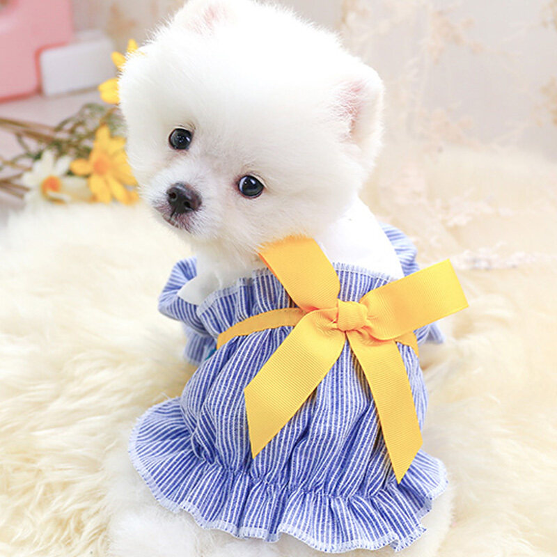 YUNYUAN Váy Chó Thời Trang Hàn Quốc Váy Ren Kẻ Sọc Cổ Tròn Tay Áo Xếp Nếp Với Nơ Phong Cách Nhật Bản Dành Cho Chó Nữ
