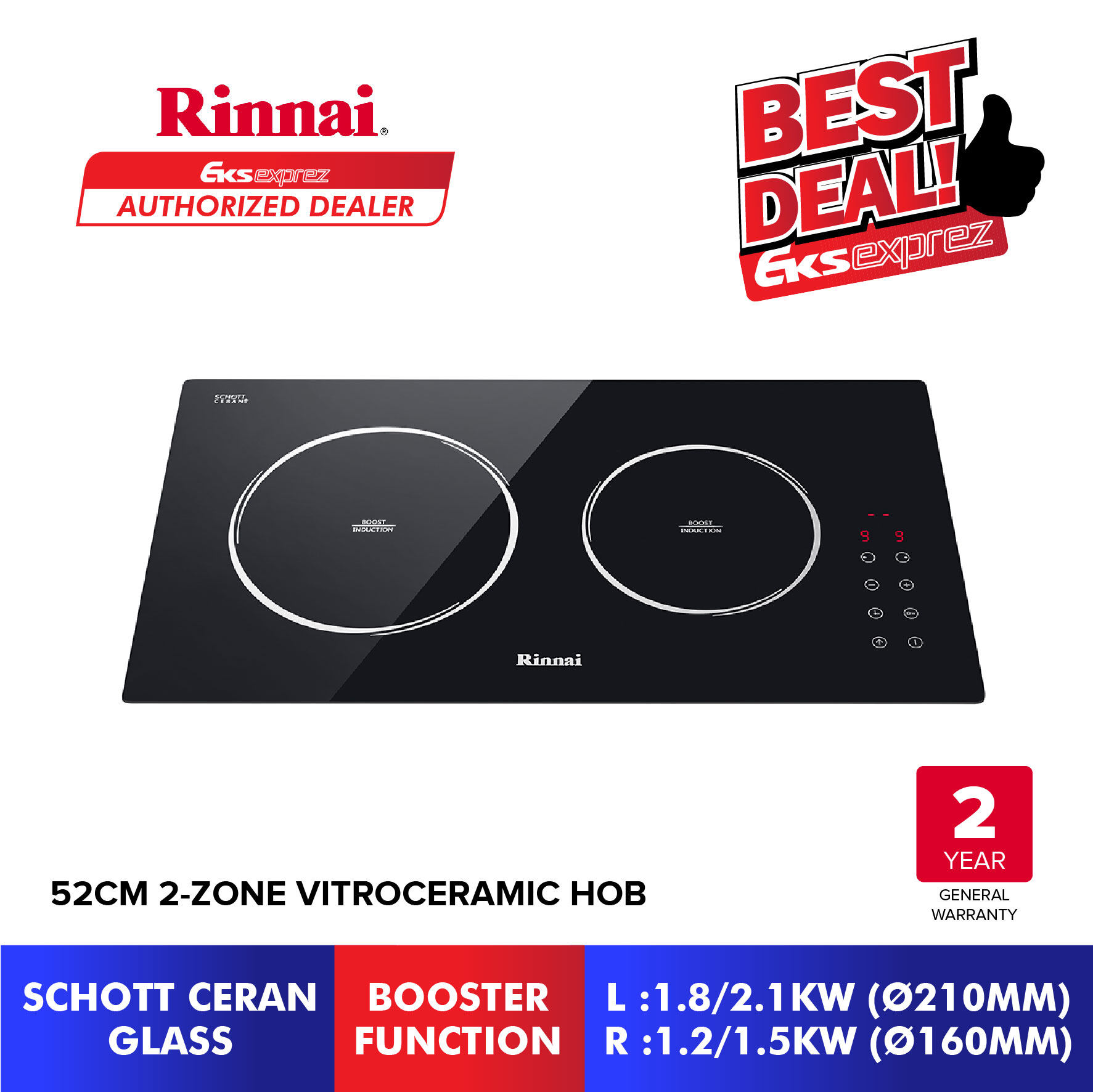 Rinnai 2zone Builtin Induction Hob (52cm) RB5022HCB with Auto Pan