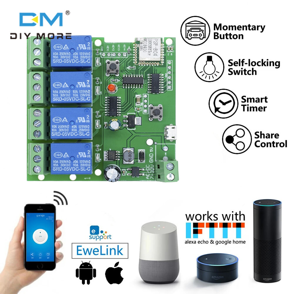 diymore Mô-đun Công Tắc Rơ Le WiFi Thông Minh 4 Kênh EWelink/Tuya APP Công Tắc Điều Khiển Từ Xa Không Dây 433Mhz Cho Nhà Thông Minh Google 5V-32v