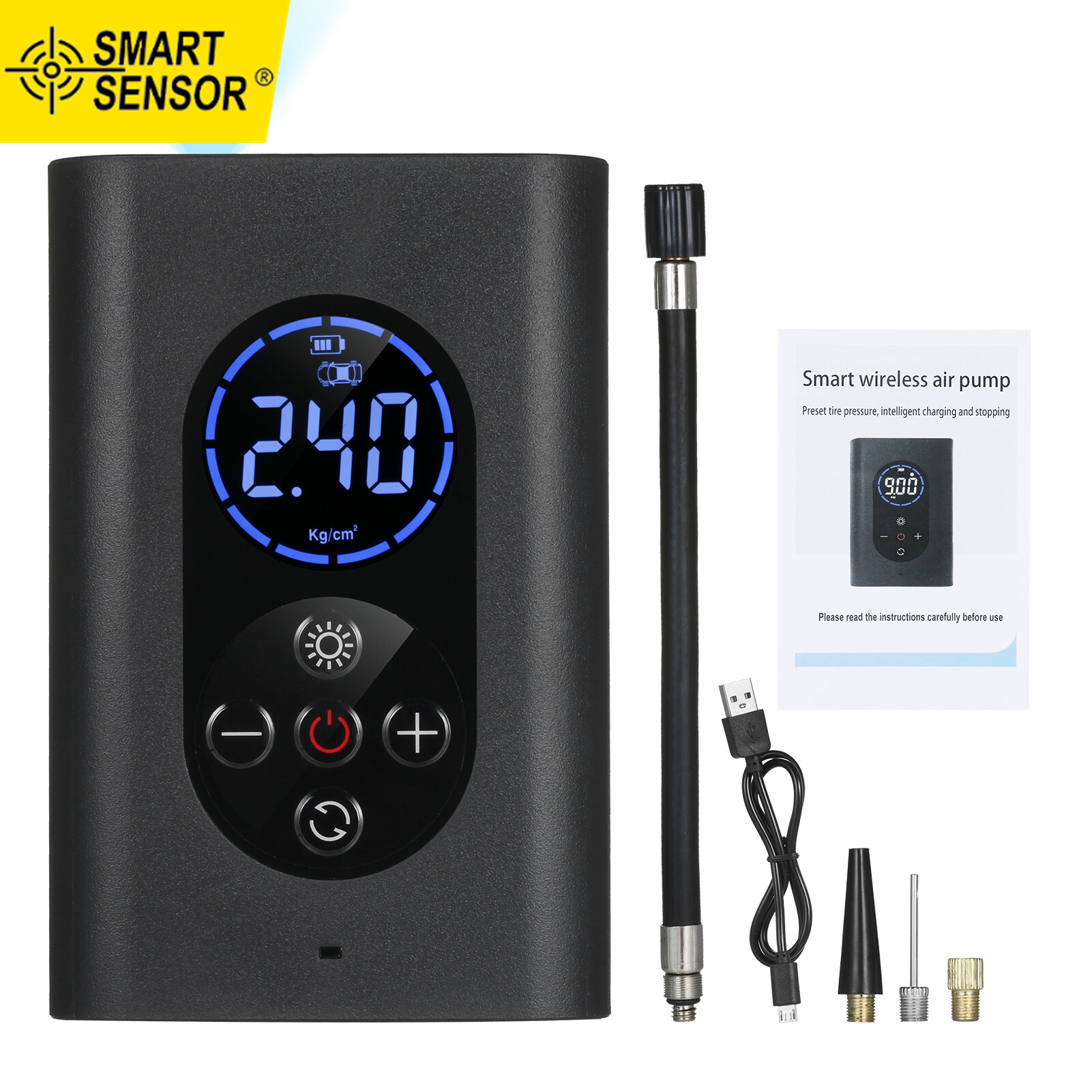 SMART SENSOR Tire Inflator Portable Air Compressor 150PSI Electric Air Pump with Pressure Gauge LED Light 4000mAh USB Rechargeable  Auto Shut Off for Car Bicycle Balls and Other Inflatables