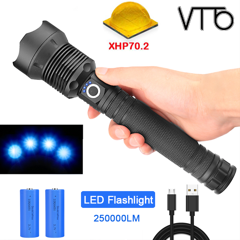 VTTO XHP70.2 Most Powerful LED Flashlight 250000 Lumens USB Telescopic Zoom Field Lantern Torch 3 Models Optional Batteries 2x 18650 or 2x 26650