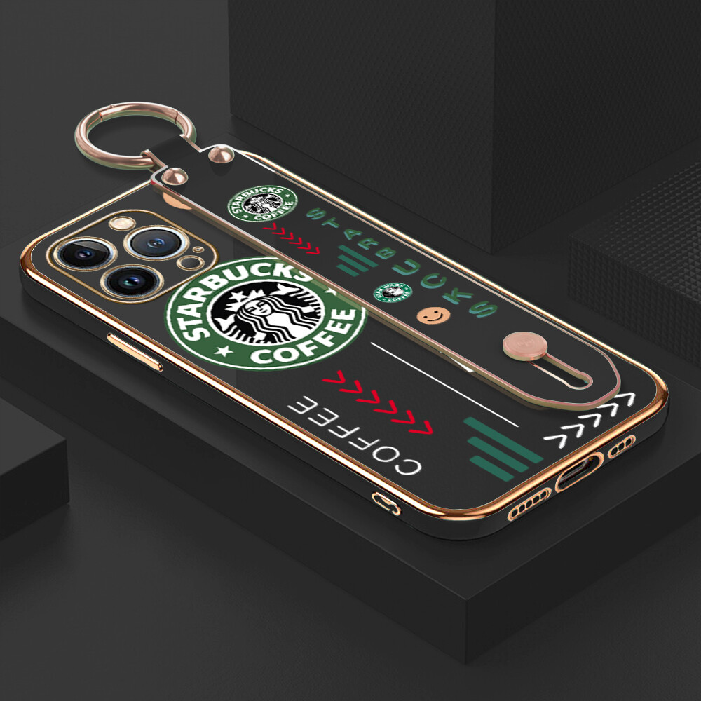 Hontinga Casing Case For iphone 11 Pro Max 12 Mini 12 Pro Max 13 Mini 13 Pro Max Case Cartoon Cute Starbucks Luxury Chrome Plated Soft TPU Square Phone Case Full Cover Camera Protection Anti Gores Rubber Cases For Girls