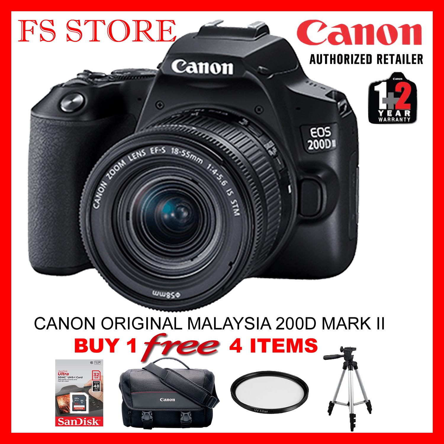 Canon Original Malaysia Canon Eos 200d Mark Ii With Ef S 18 55mm Free 32 Gb Bag Uv Filter Tripod Lazada