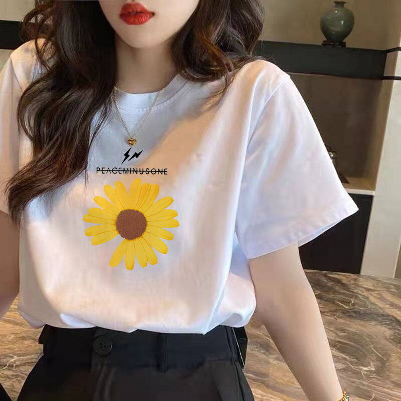 Áo sơ mi trắng Nữ tay ngắn Áo sơ mi nữ cổ tròn rời Phong cách Hàn Quốc In thông thường