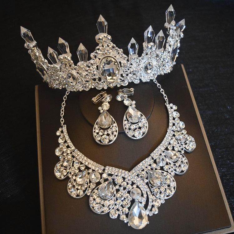 [ COD+Free shipping]  TB Luxury large rhinestone jewelry set bride silver crystal crown necklace earrings bridal hair accessories birthday crown queen
