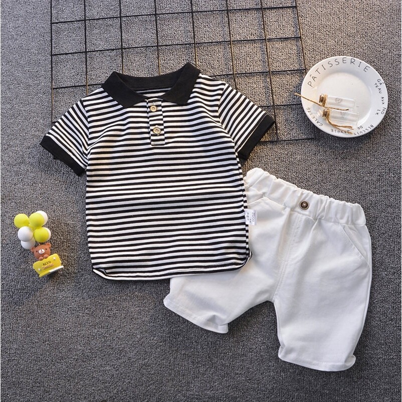 0-5 year old boy suit Korean embroidered cotton striped Polo shirt piece set of handsome shorts