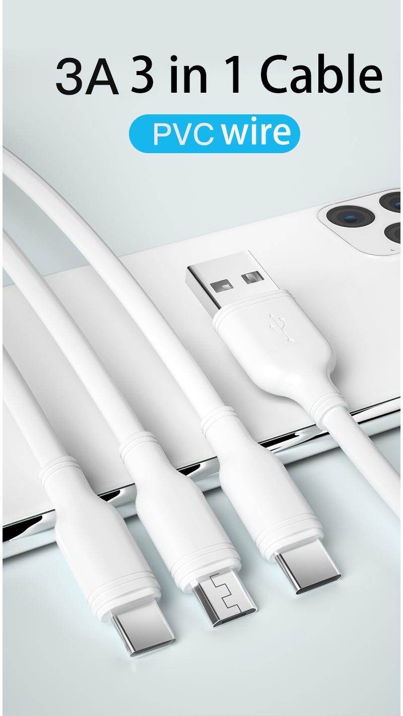 Trắng cáp PVC 3 trong 1 cáp sạc USB phổ đa chức năng 3 trong 1 cáp USB sạc nhanh