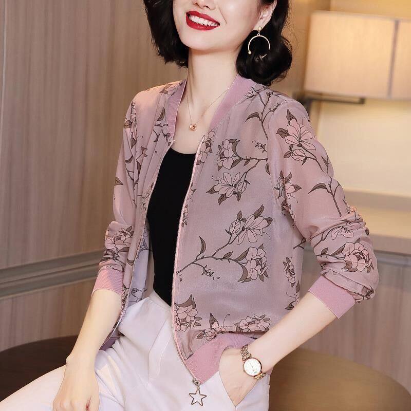 Plus Size Women Thin Chiffon Printed Jacket Casual Baseball Coat