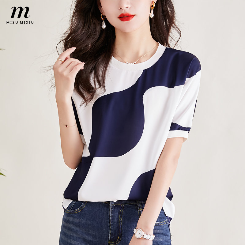 MISUMIXIU Crew Neck Short Sleeve Blouse Women's 2023 Summer New Fashion Urban Commuter Versatile Contrast Color Short Sleeve Tops