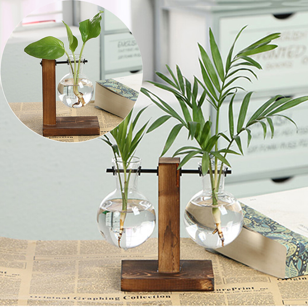 Decoration Planter Vintage Terrarium Tabletop Hydroponic Plant Vases Glass Vase Wooden Frame Flower Pot