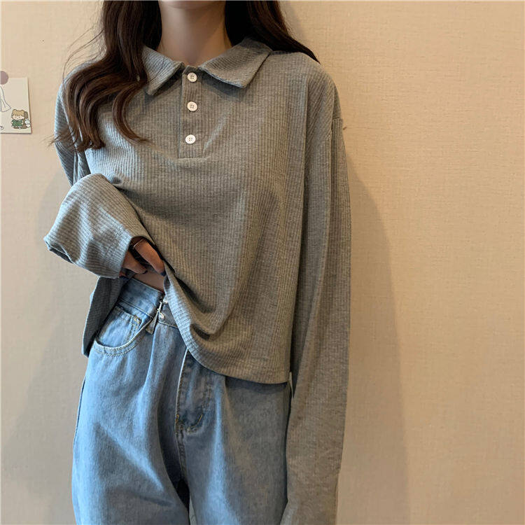 MSBEST Women Long Sleeve Polo Shirt Loose Top Korean Short Style