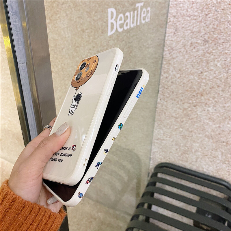 For Apple Case Liquid Side LOGO Cute Astronaut Space Soft Rubber Mobile Phone Casing for IPhone 12 PRO 11 PRO MAX X XR XS MAX 12 Mini 7 8 PLUS All-inclusive Straight Edge Shockproof TPU Cover