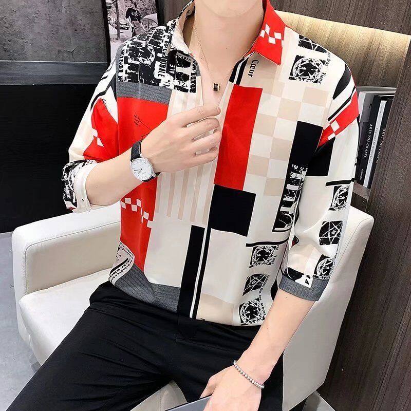 Summer Men's Plaid Shirt Summer Men's Short-sleeved T-shirt V-neck Chiffon Ice Silk Mid-sleeve Shirt Male Korean