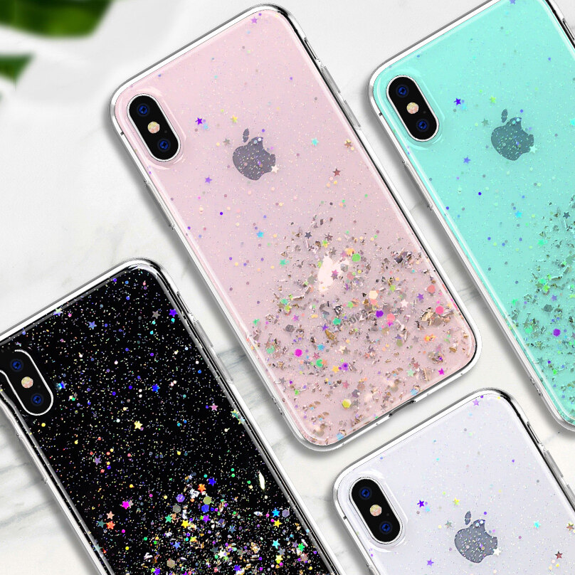 Niwinee cho Iphone 17 16 15 14 13 17e 16e Air 6 6S 6 Plus 6S Plus 7 8 7 Plus 8 Plus iPhone x XS 11 11 Pro 11 Pro Max 12 12 Pro 12 Pro 12 Pro Max kim tuyến lấp lánh sang trọng ngôi sao Sequins trường hợp trong suốt vỏ silicon Bìa