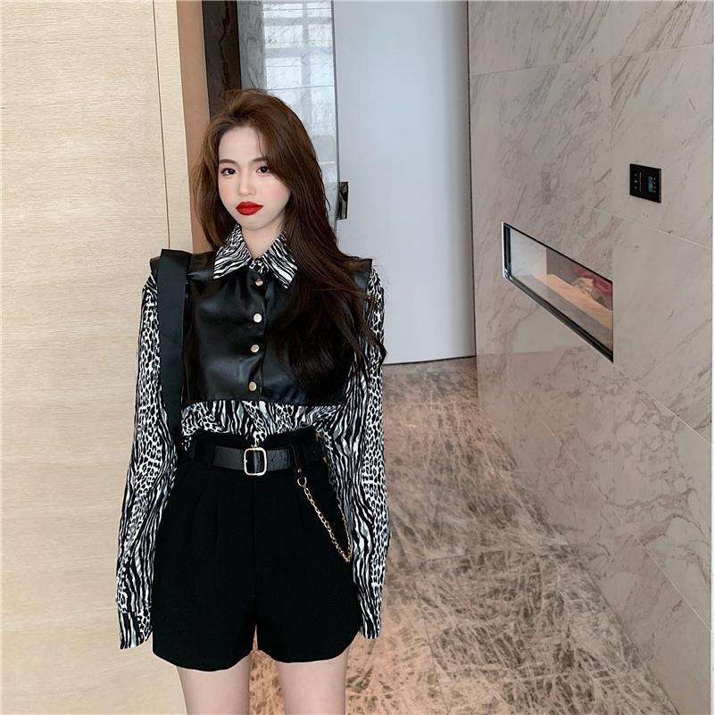 3Pc 2022 Autumn and Winter New Fashion Leopard Print Long-sleeved Shirt Top + Leather Shawl + Shorts Three-piece Suit Women's Suit