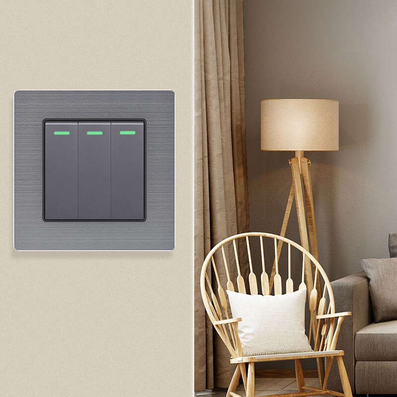 FLKL 220V Gray Wall Key Switch Panel 13amp Universal 3/6 Pin Plug Socket with USB Suiz on Off Lampu 1/2/3/4 Gang 1/2 Way Modern Lighting Switches Electrical Outlet Aluminum Alloy Panel 20A Aircon Door Bell Dimming Switch Official Store