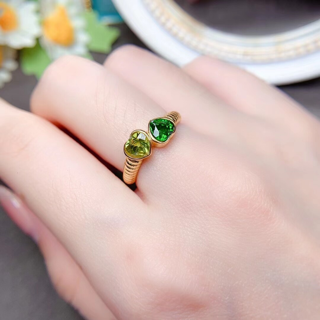 New Heart Style Green Gemstone Ring for women fine jewelry Natural Peridot Diopside real 925 sterling silver Bright Gold Color Valentine gift