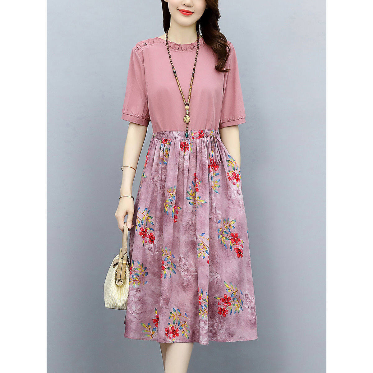 Cotton and linen floral stitching dress women's summer 2023 new loose and versatile can be worn on any occasion, temperament and age reduction a-line skirt