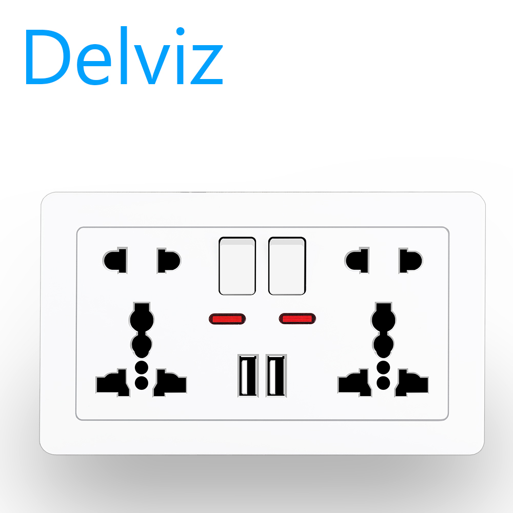 Delviz (UK/EU/US socket) wall power socket 13A with switch control, USB socket intelligent quick charging 5V2100mA. 5-hole panel 146mm*86mm, with socket mounting box.
