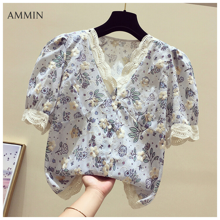 AMMIN Korean style short-sleeved French hollow lace stitching V-neck elegant blouse women's summer 2021 new chic embroidered flower floral print chiffon shirt ins tops hot