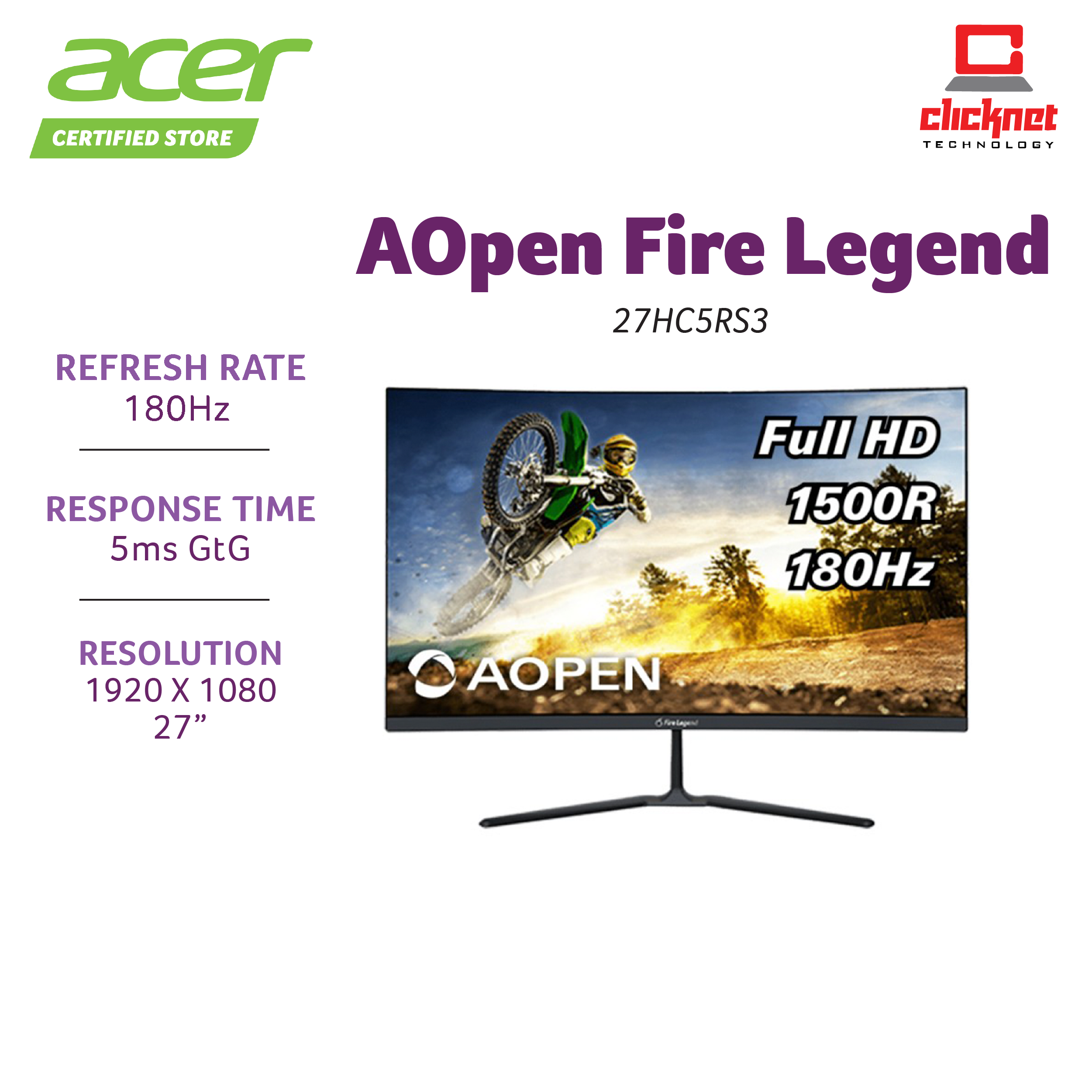 Acer Aopen 27-Inch 27HC5RS3 FHD 1ms(TVR) 180Hz Curved Gaming