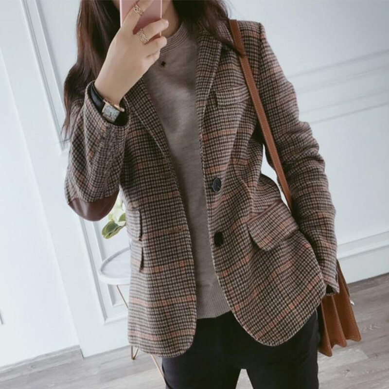 Vintage Women Plaid Blazers Autumn jacket Patchwork Women Classic Suit Coat Formal Lady Single Breasted Outwear