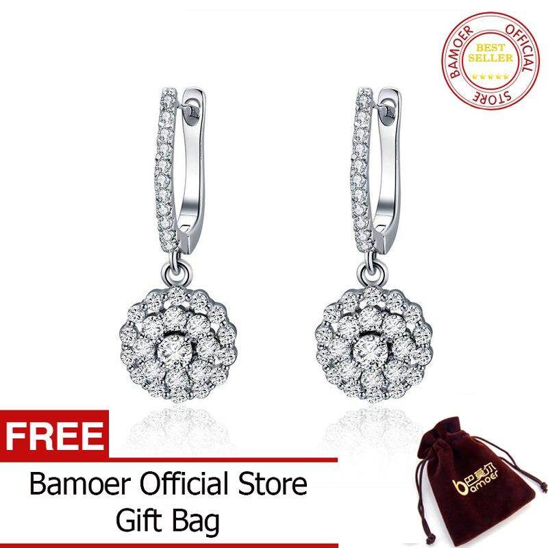 BAMOER Authentic 925 Sterling Silver Shining Cubic Zircon Round Circle Drop Earrings for Women Wedding Engagement Jewelry SCE517 Jan