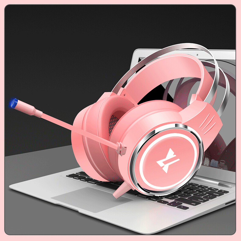 Cute Pink Wired Gaming Headphones with Mic Over Ear Headphone Game Headset for Girls Kids and Noise cancellation Microphone for PC Laptop Computer PS4 Smart Phone Game Online Class