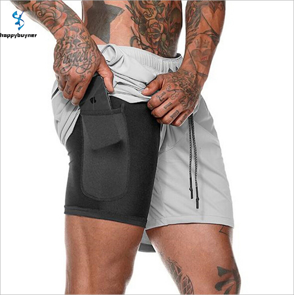 Happybuyner 7 Colors 2 Layer Men's Sports Quick Drying Training Bodybuilding Summer Shorts Workout Fitness GYM Short