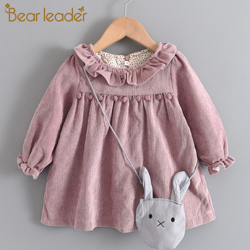 Bear Leader Girl Autumn Solid Clothes Baby Girls Pure Cotton Butterfly Sweet Dresses 2Pcs Princess Dress with Rabbit Shape Bag