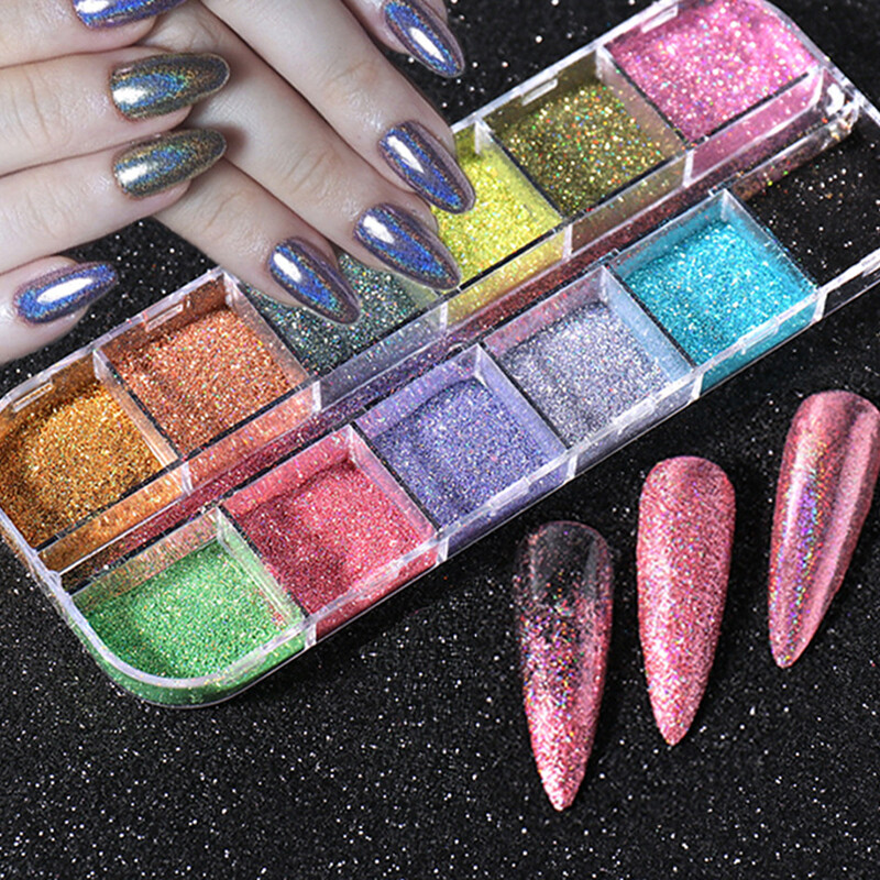BEAUTYBIGBANG Laser Holographic Silver Blue Nails Glitter Dust DIY Summer Charm Pigment Chrome Nail Powder Flakes Art Tips Accessories