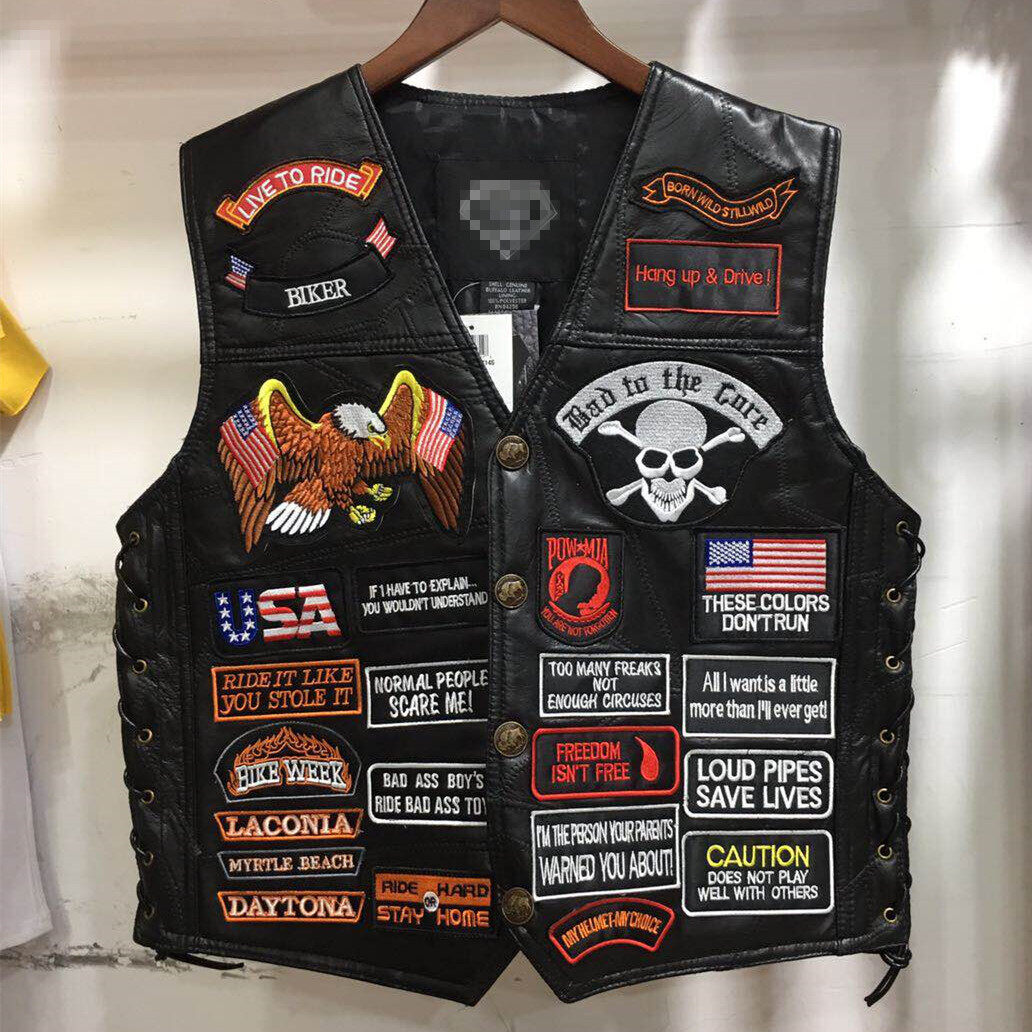 FECHENG New Men's Cool Harley locomotive Riding leather vest Men's leather leather leather shoulder 42 Badge embroidery