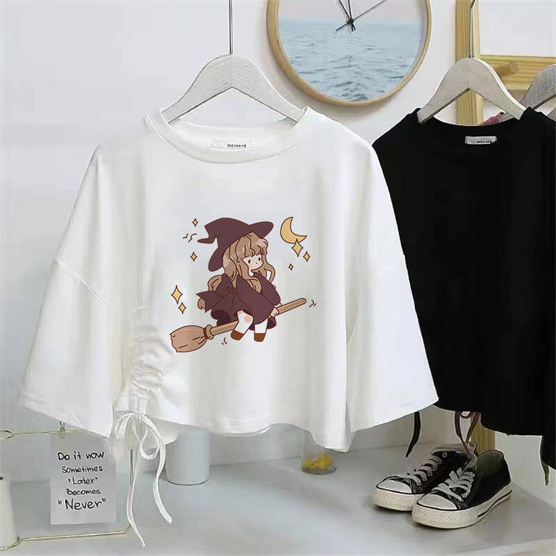 Women Drawstring Tie Short-sleeved T-shirt High Waist Cropped Loose Crop Top