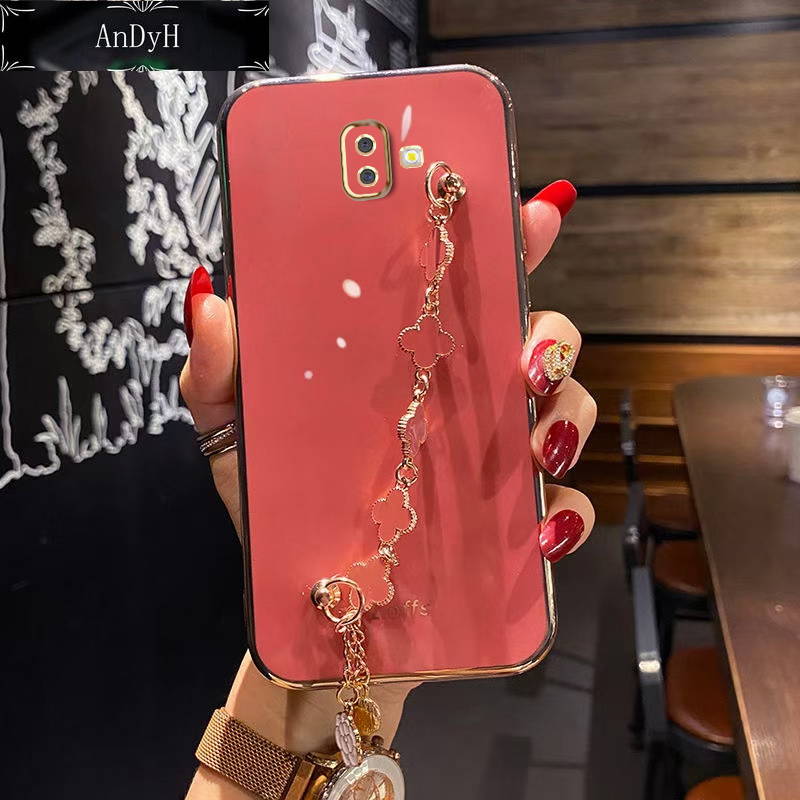 AnDyH Straight Edge Plating Phone case For Samsung Galaxy J6 Plus casing,Precise Camera Protection cases Cute girl style cover with Four leaf clover bracelet
