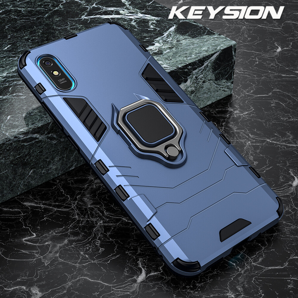 KEYSION Shockproof Armor Case for Xiaomi Redmi 9A 9C Ring Stand Bumper Silicone + PC Phone Back Cover for Xiaomi Redmi 9C 9A