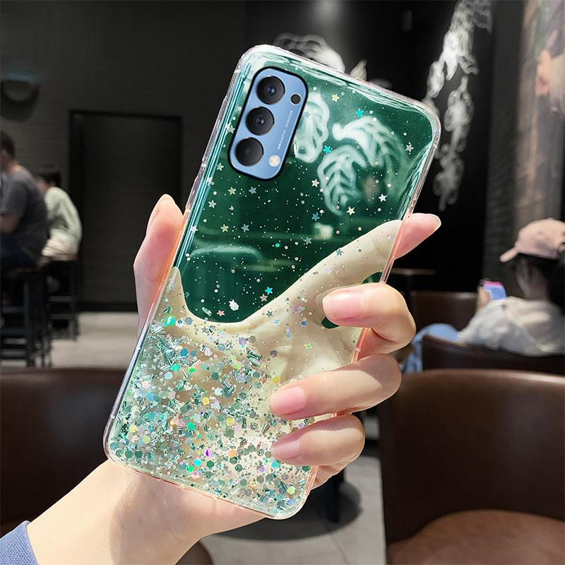 For OPPO Reno 5 Case, Women Luxury Fashion Glitter Star Foil Sparkle Phone Cases for Reno5 Clear Flexible Soft Rubber TPU Bumper Bling Protective Couple Case Casing Back Cover for OPPO Reno5