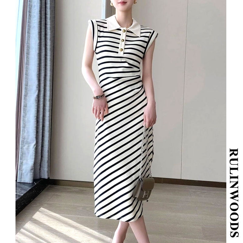 CHICCHIC slimed eo Đầm thời trang cổ áo Polo Sọc Đầm midi