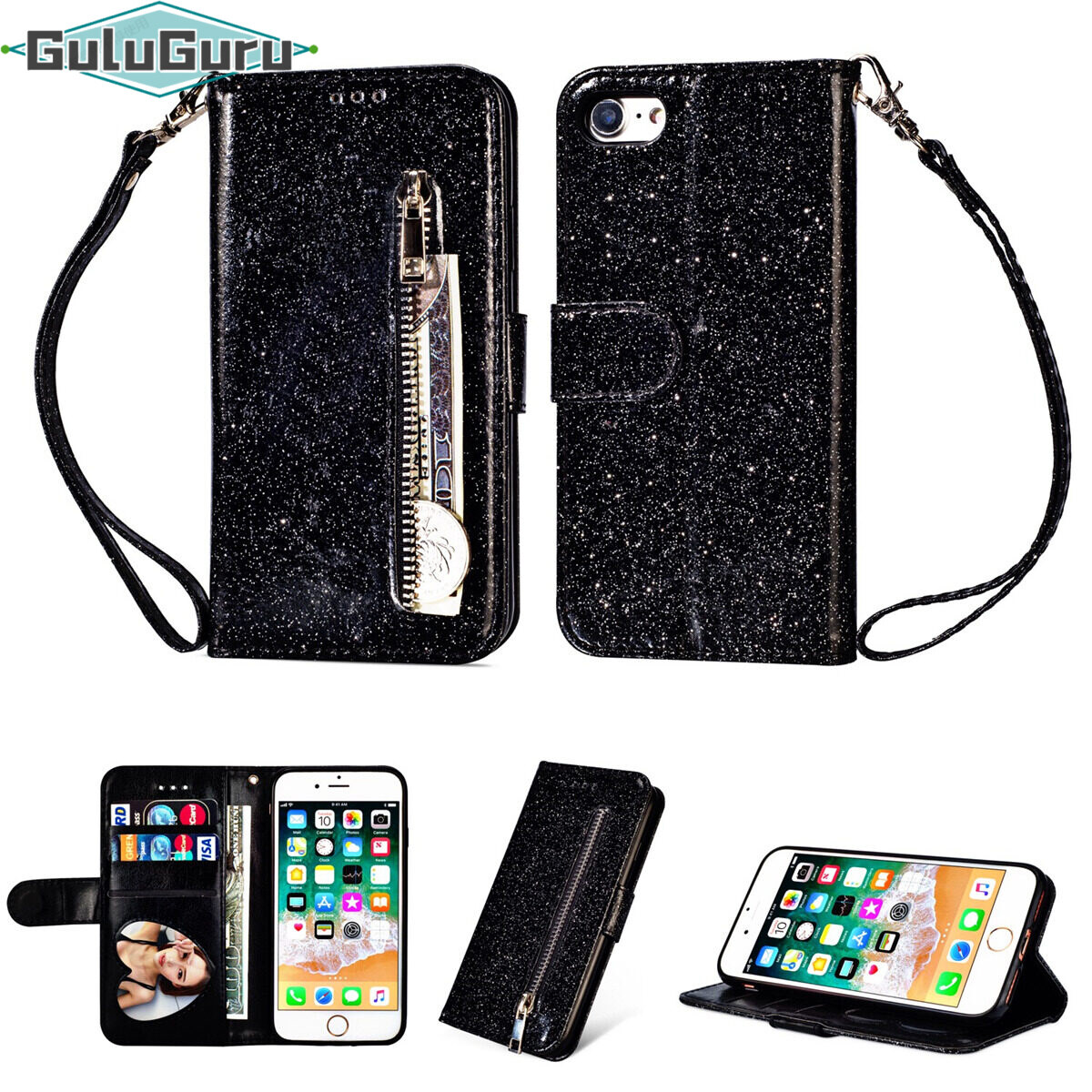 for iPhone 8 7 6 6s Plus Leather Wallet Case, Sparkly Bling Phone Case Shiny Glitter Folio Cover with Metal Zipper Cash Slot Card Holder, Leather Wristband, Flip Kickstand