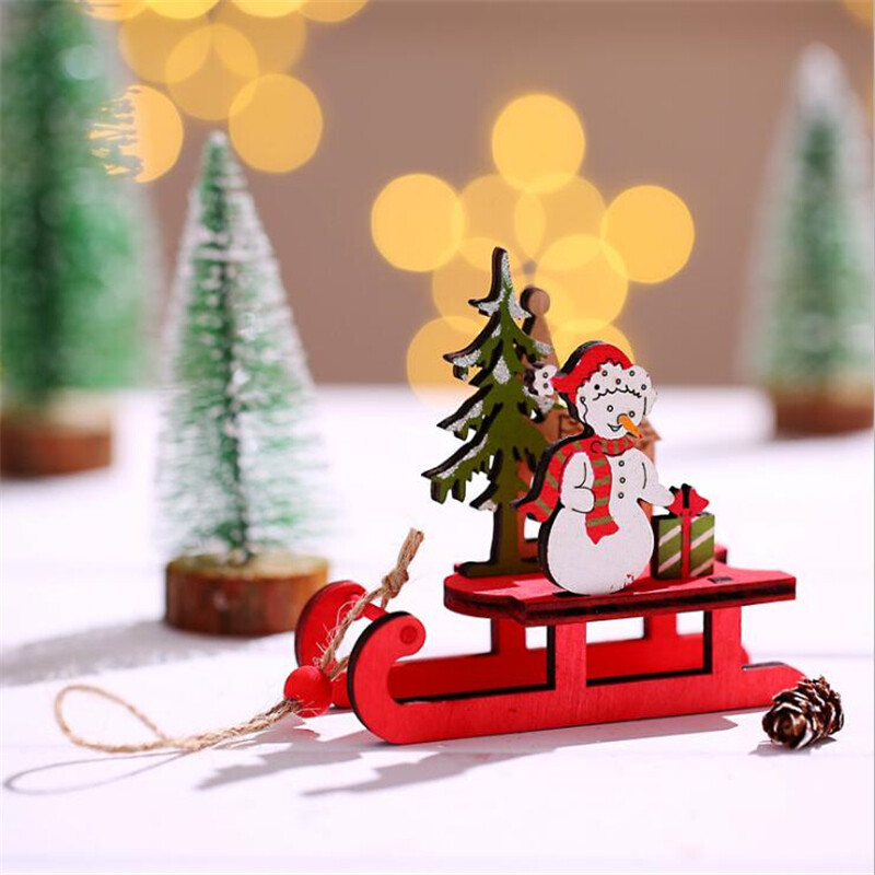Christmas Santa Claus Wooden Pendant Assembled Ornaments Sled Xmas Decoration
