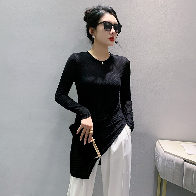YIMEI 2023 Autumn New Style Long Sleeve Irregular Print Top Fashion Design Sense Mid length Split Tee Shirt Women