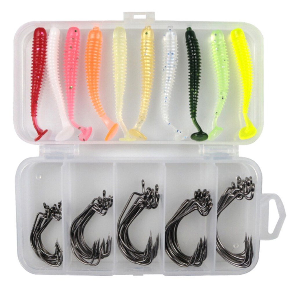 60Pcs T-Tail Artificial Worm Bait Soft Lure + Fish Hooks Fishing Tackle with Box