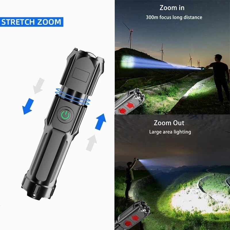 LED Đèn pin di động Zoomable có thể sạc qua USB Đèn lóa sáng không thấm nước focusable thích hợp cho câu cá cắm trại ngoài trời Đi bộ đường dài
