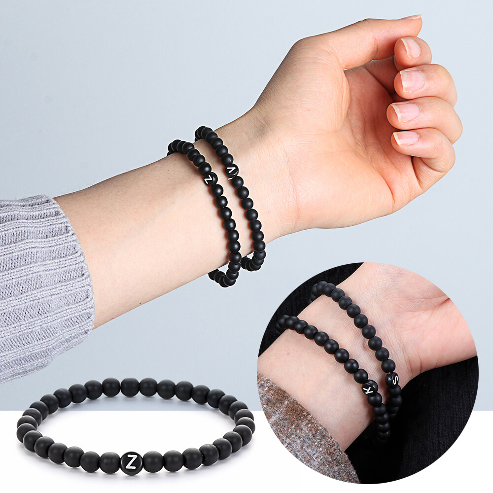 ธรรมชาติMensผู้หญิงMatte Handmadeกำไลพันข้อมือสร้อยข้อมือตัวอักษร6มม.ลูกปัดสีดำA-Zตัวอักษร